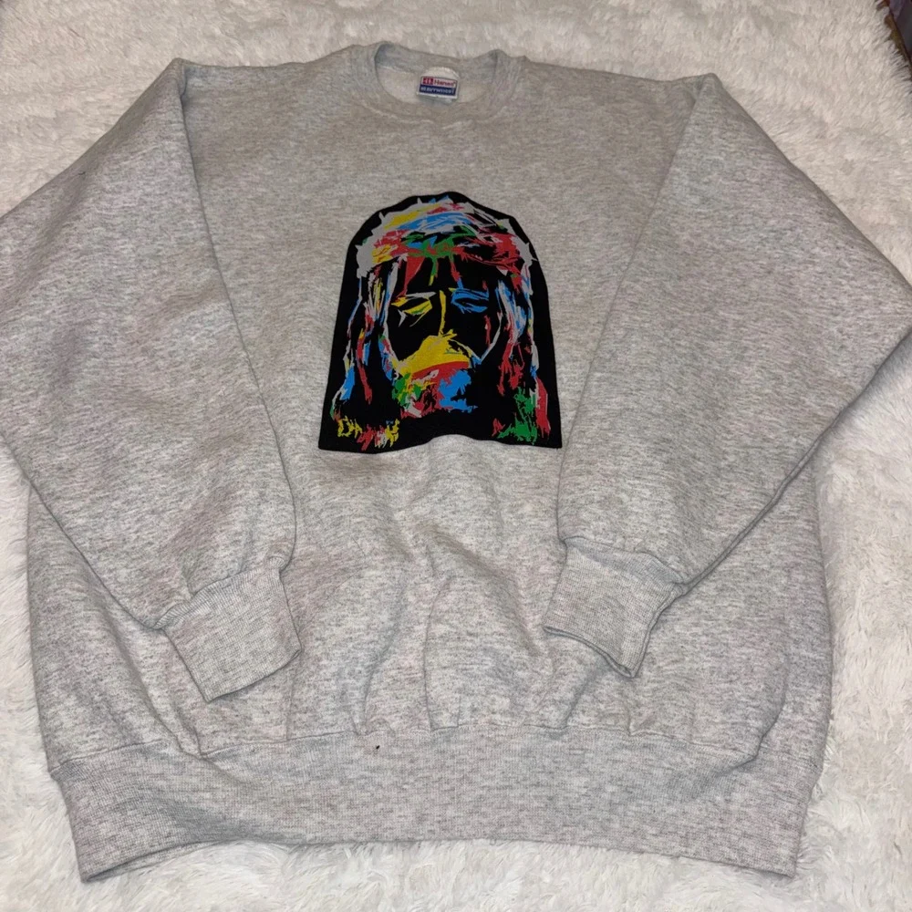 Hanes Sweatshirt Mens XL Gray Excellent Jesus Graphic Abstract Heavyweight 90s